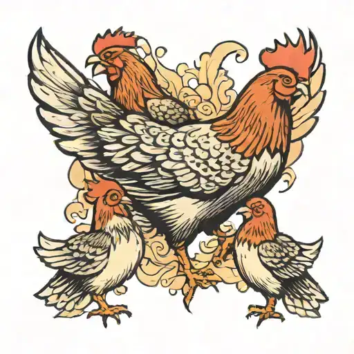 Mother Hen with 3 chicks under her wings spread tattoo design idea