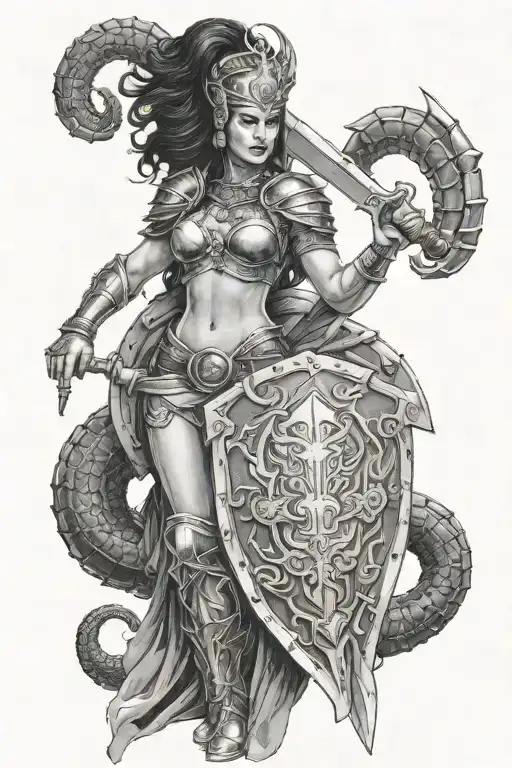 goddess galaida in full growth black hair in a helmet in one hand a sword in the other a shield on which a scorpion is drawn tattoo design idea