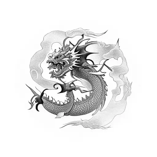 Japanese dragon with floral. dynamic movement. Thigh piece. tattoo design idea