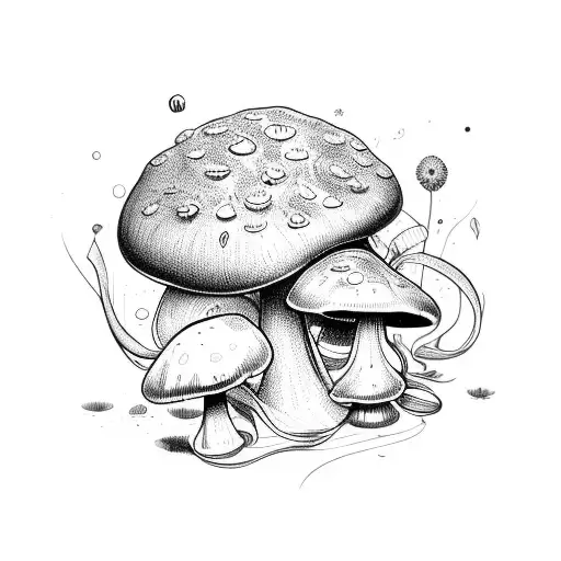 elegant bouquet of mushrooms tied with a ribbon. dynamic movement.  tattoo design idea