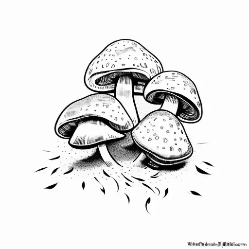 bouquet of 3 mushrooms tied with a ribbon. dynamic movement.  tattoo design idea