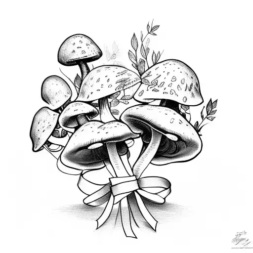 elegant bouquet of mushrooms tied with a ribbon. dynamic movement.  tattoo design idea