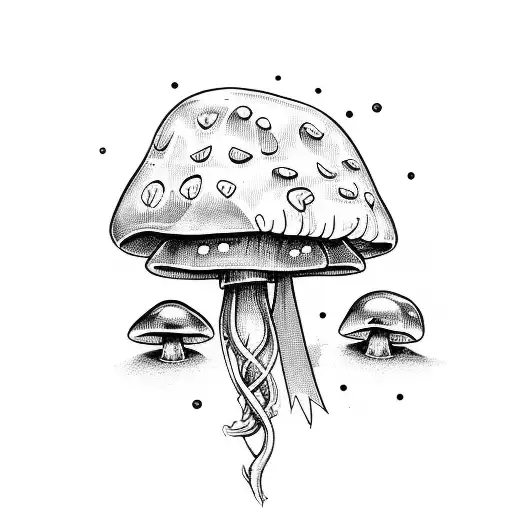 elegant bouquet of mushrooms tied with a ribbon. dynamic movement.  tattoo design idea
