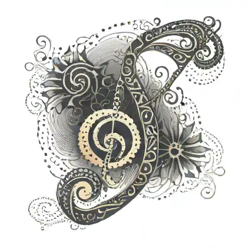 An intricate design of a music note intertwined with Croatian traditional patterns, symbolizing the client's love for music and Croatia tattoo design idea