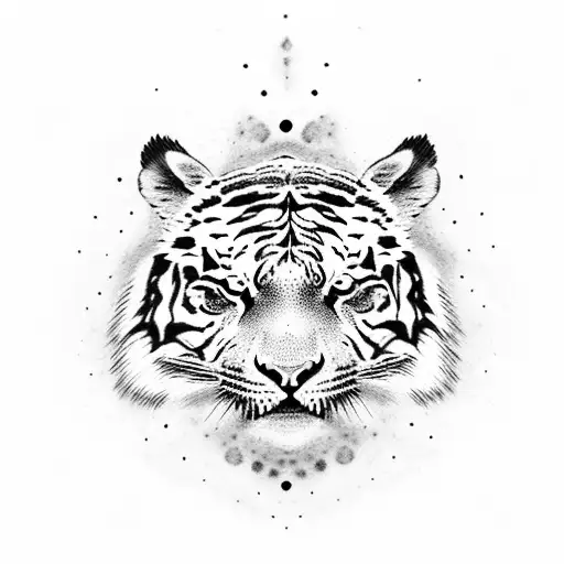 A dotwork tattoo of a tiger's face with galaxies reflecting in its eyes. tattoo design idea