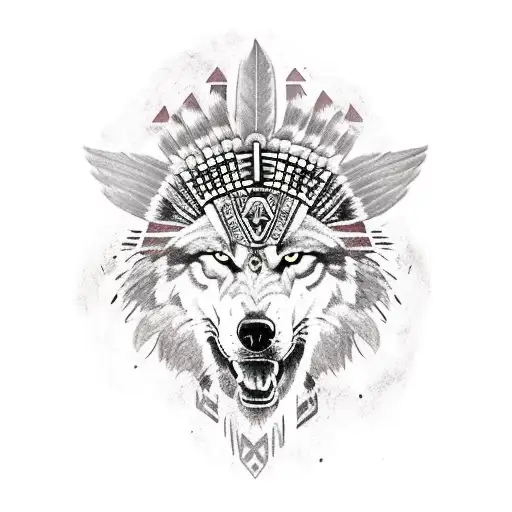 stone sleeve with Aztec warrior and wolf headdress  tattoo design idea