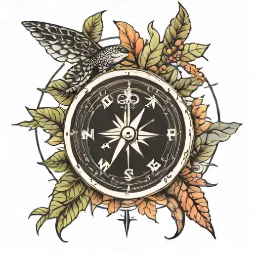 A traditional style compass surrounded by nature elements like trees and turtles tattoo design idea