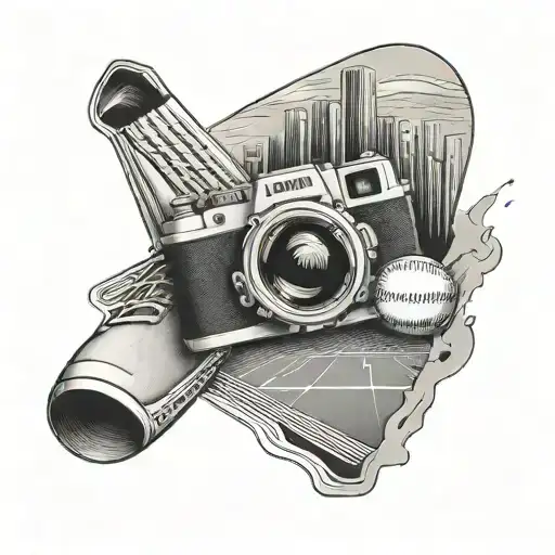 A camera shutter opening to reveal a running track inside, with a baseball diamond in the distance tattoo design idea