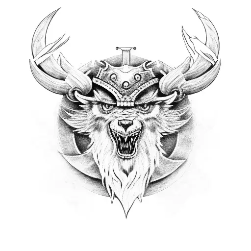 estilo vikingo, con el arbol de los reinos, los cuervos de odin, y skol y hati persiguiendo el sol y la luna tattoo design idea