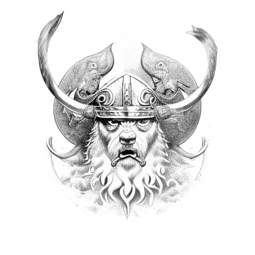 vikingo, con el arbol de los reinos, los cuervos de odin, y skol y hati persiguiendo el sol y la luna tattoo design idea