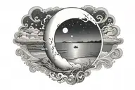 beach at night with moon rising over the ocean view and Orion's Belt in the sky  tattoo design idea
