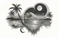 beach at night with moon rising over the ocean view and Orion's Belt in the sky  tattoo design idea