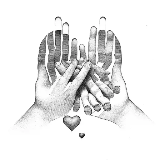 A large hand reaching out to a smaller hand in a love heart shape tattoo design idea