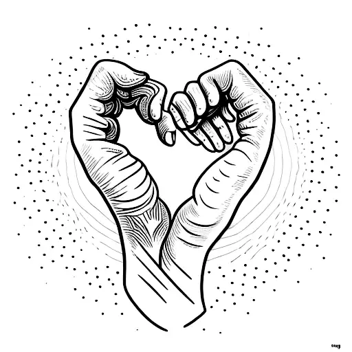 A large hand reaching out to a smaller hand in a love heart shape tattoo design idea