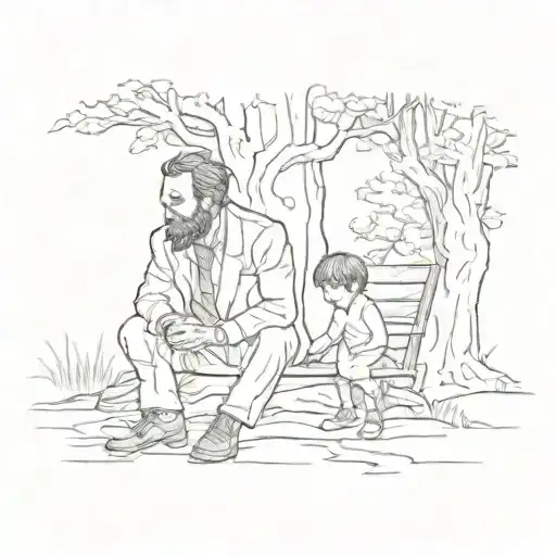 A sketch of a father and son sitting under a tree, with a faint image of Abraham Lincoln looking down upon them tattoo design idea