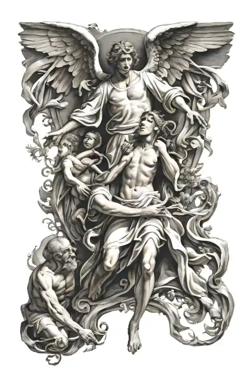 female angel reaching out to man being pulled by 7 deadly sins  tattoo design idea