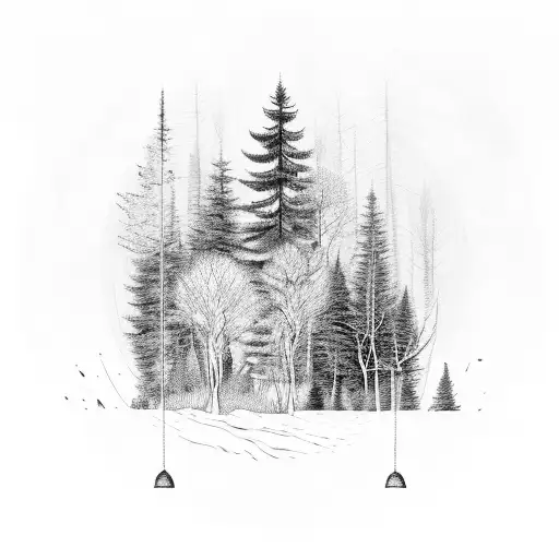 A forest scene with a roulette wheel hidden among the trees in black-grey style tattoo design idea