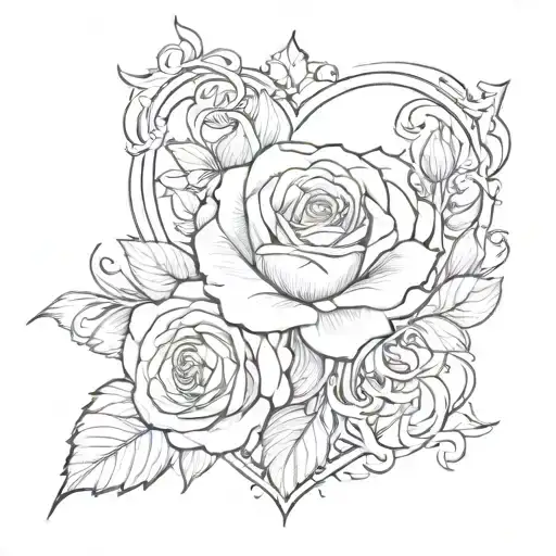 a rose in the middle of the heart, under the rose are lycoris, on the sides are lilies, on the sides of the heart are th tattoo design idea