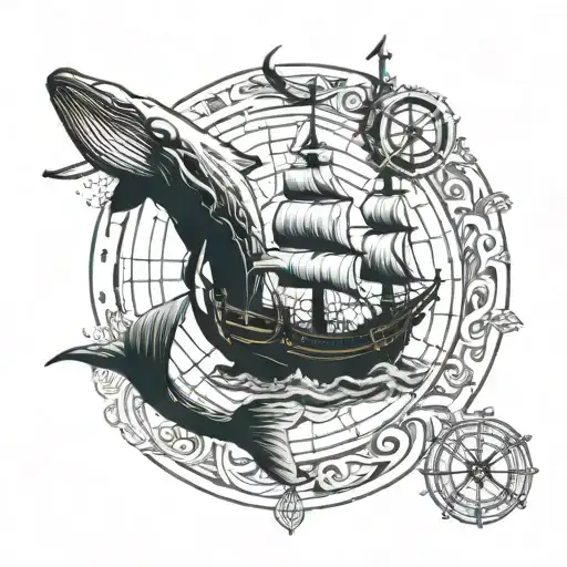 fortune , ship sailing through a sea, whale jumping, runic compass tattoo design idea