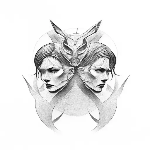 Sharp sculpture with two faces and long arms tattoo design idea