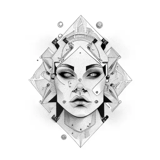 Head of a woman in chrome with a frightened face in surrealistic style tattoo design idea