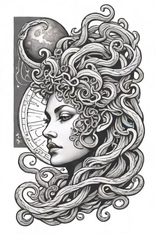 Medusa face emerging from the moon shining tattoo design idea