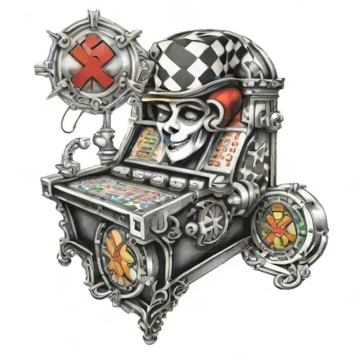 harlequin with slot machine and all games of chance tattoo design idea