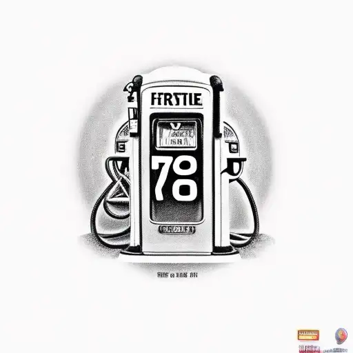 old timey Gas Pump where it says $7.77 for gas and the number 76 on the top of it and the text fire me up on the pump tattoo design idea