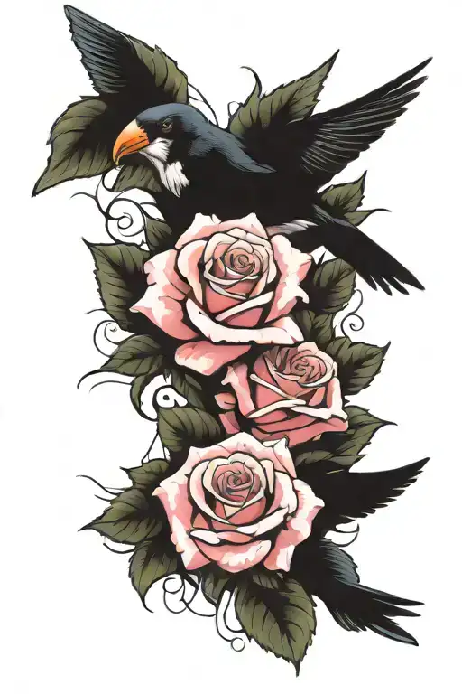 two roses protected by swallow bird flying tattoo design idea