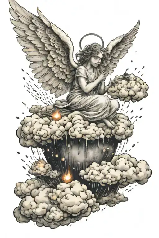 Angel on a cloud in the sky, Rain, little angels descending to the earth. The earth half in flames tattoo design idea