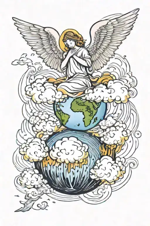 Angel on a cloud in the sky, Rain, little angels descending to the earth. The earth half in flames tattoo design idea
