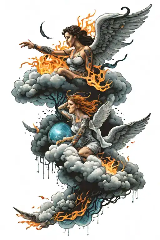 Top: Angel on a cloud. Middle: Rain, little angels descending to earth. Bottom: The earth half in the flames tattoo design idea