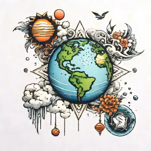 Center: The Earth with various natural elements. Top: Sky with raindrops (souls) descending. On the ground : tattoo design idea