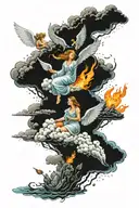 Top: Angel on a cloud. Middle: Rain, little angels descending to earth. Bottom: The earth half in the flames tattoo design idea