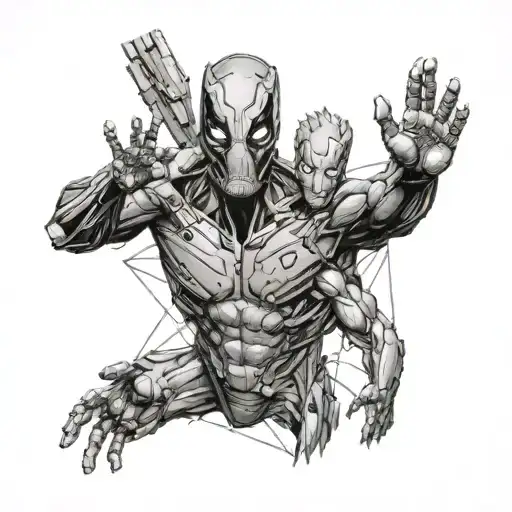 An abstract representation of the Marvel universe, blending Groot, Deadpool, and Iron Man tattoo design idea