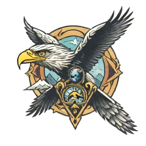 An human eye and eagle and mountains tattoo design idea