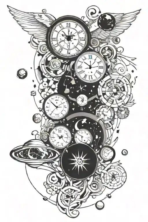 the dates of birth of my relatives are stylized around the design of clocks, planets and space. tattoo design idea