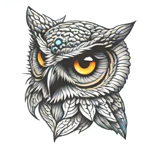 owl with evil eye eyes looking tattoo design idea
