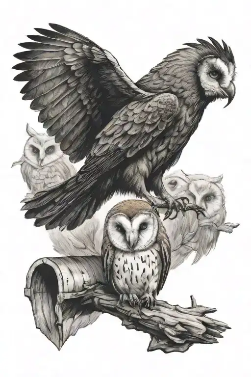 crow with barn owl perched tattoo design idea
