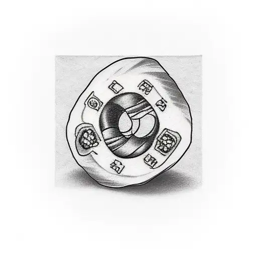 A minimalist tattoo of a sushi roll with a film reel incorporated into it, symbolizing your love for both sushi and movies tattoo design idea