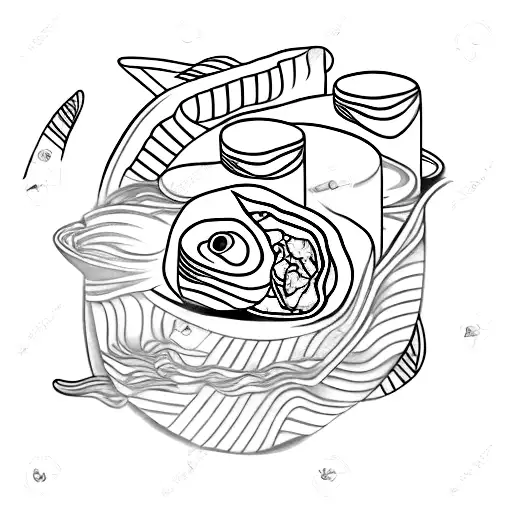 A minimalist tattoo of a sushi roll with a film reel incorporated into it, symbolizing your love for both sushi and movies tattoo design idea