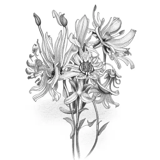 flower bouquet including tiger lily, narcissus, carnation, aster flowers tattoo design idea