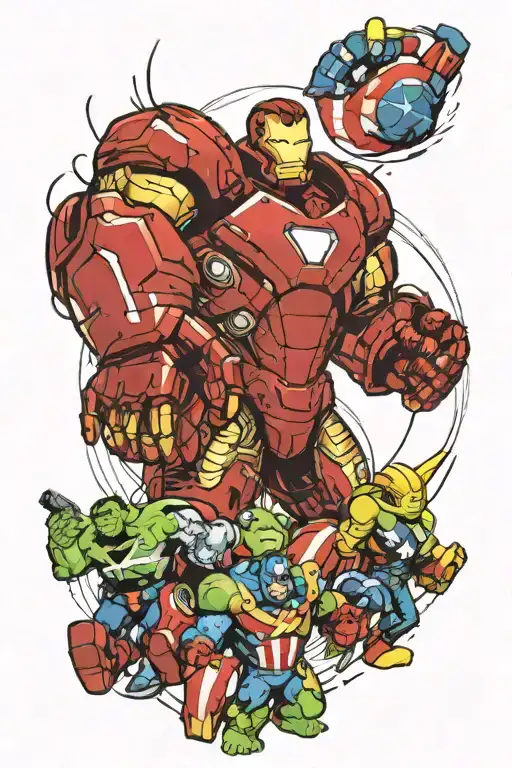 arm and chest, iron man,hulk,captain america,thor,spiderman and text "if you want something go get it." some robotica  tattoo design idea