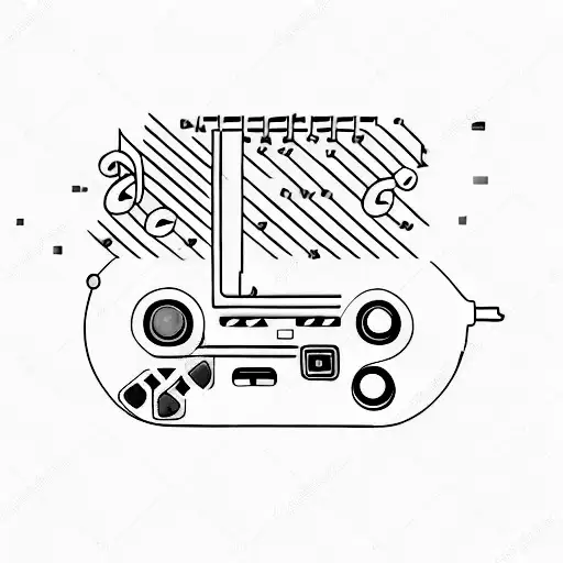 A pixelated retro video game controller surrounded by musical notes and camera lenses tattoo design idea