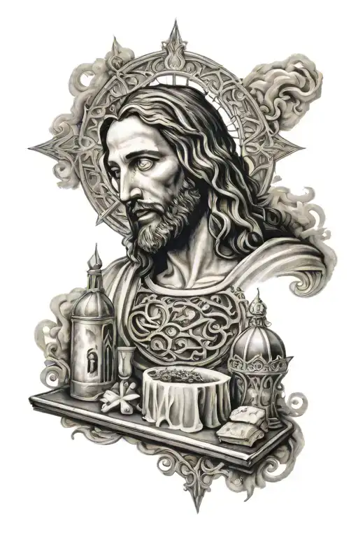 Jesus tattoo on shoulder with church window in background with filigree with smoke last supper filigree  tattoo design idea