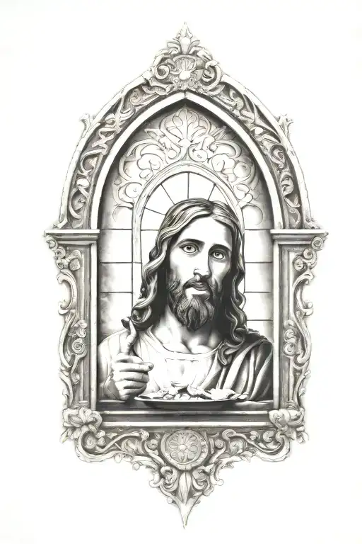 Jesus tattoo on shoulder with church window in background with filigree with smoke last supper filigree  tattoo design idea