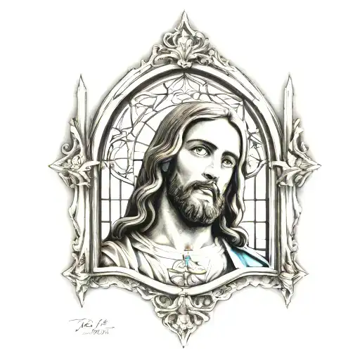 Jesus tattoo on shoulder with church window in background with filigree  tattoo design idea