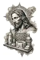 Jesus tattoo on shoulder with church window in background with filigree with smoke last supper filigree  tattoo design idea