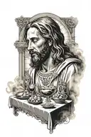 Jesus tattoo on shoulder with church window in background with filigree with smoke last supper filigree  tattoo design idea