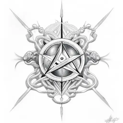 book with pentagram and bugs tattoo design idea